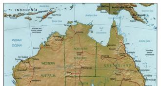 Podrobná mapa Austrálie v ruštine Fyzická mapa Austrálie v ruštine